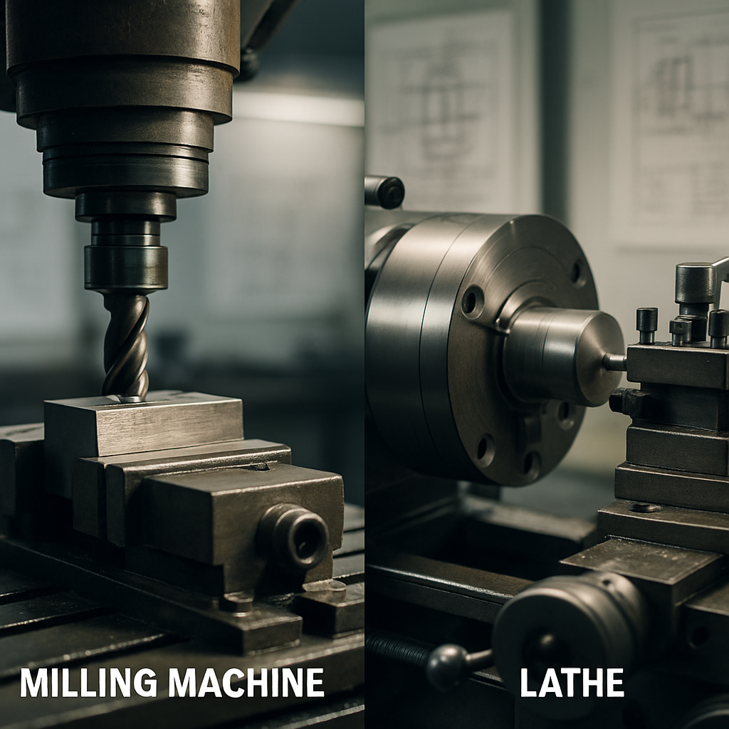 Comparison of milling machine and lathe in a modern workshop setting.