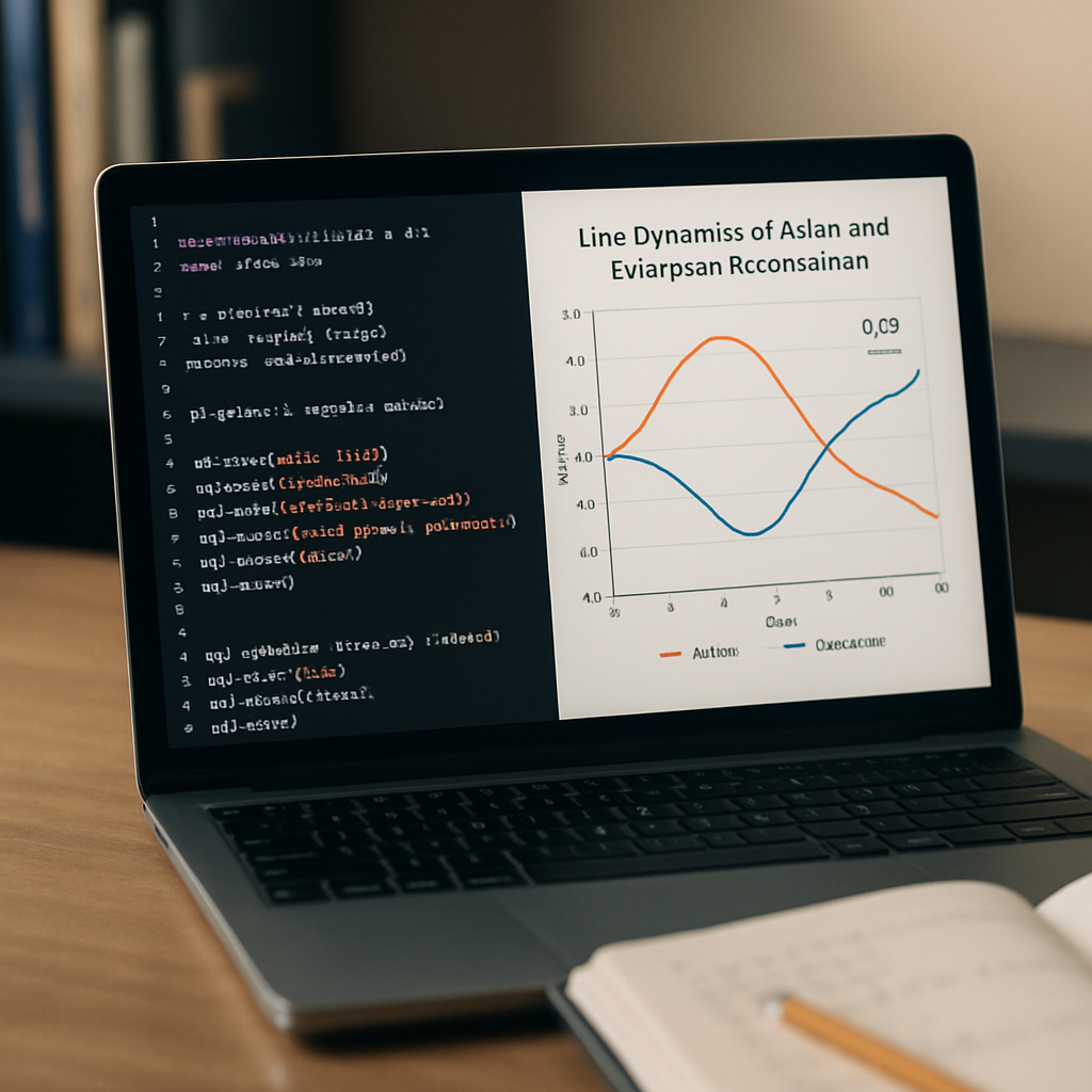 A modern workspace with a computer displaying Python code and dynamic graphs comparing Asian