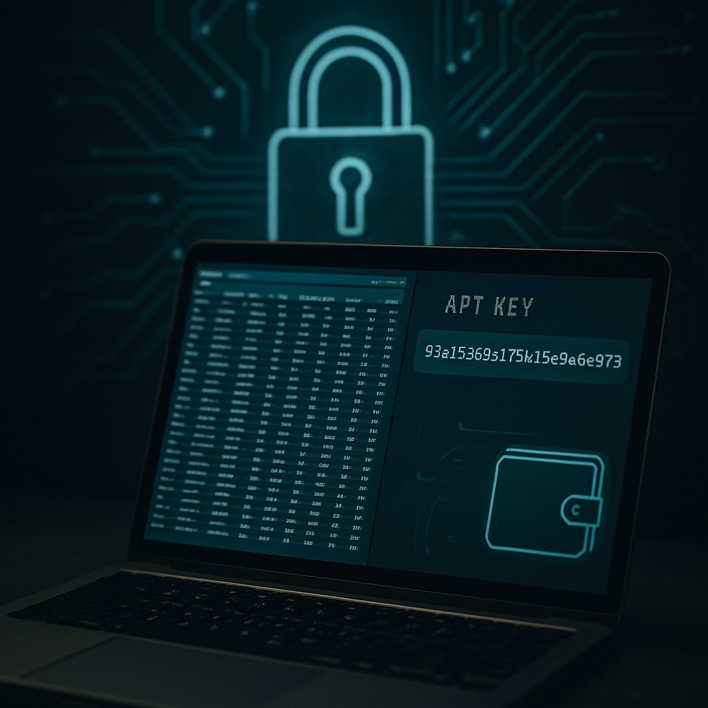A cybersecurity-themed image showcasing sports betting analytics with a laptop, API key code, and