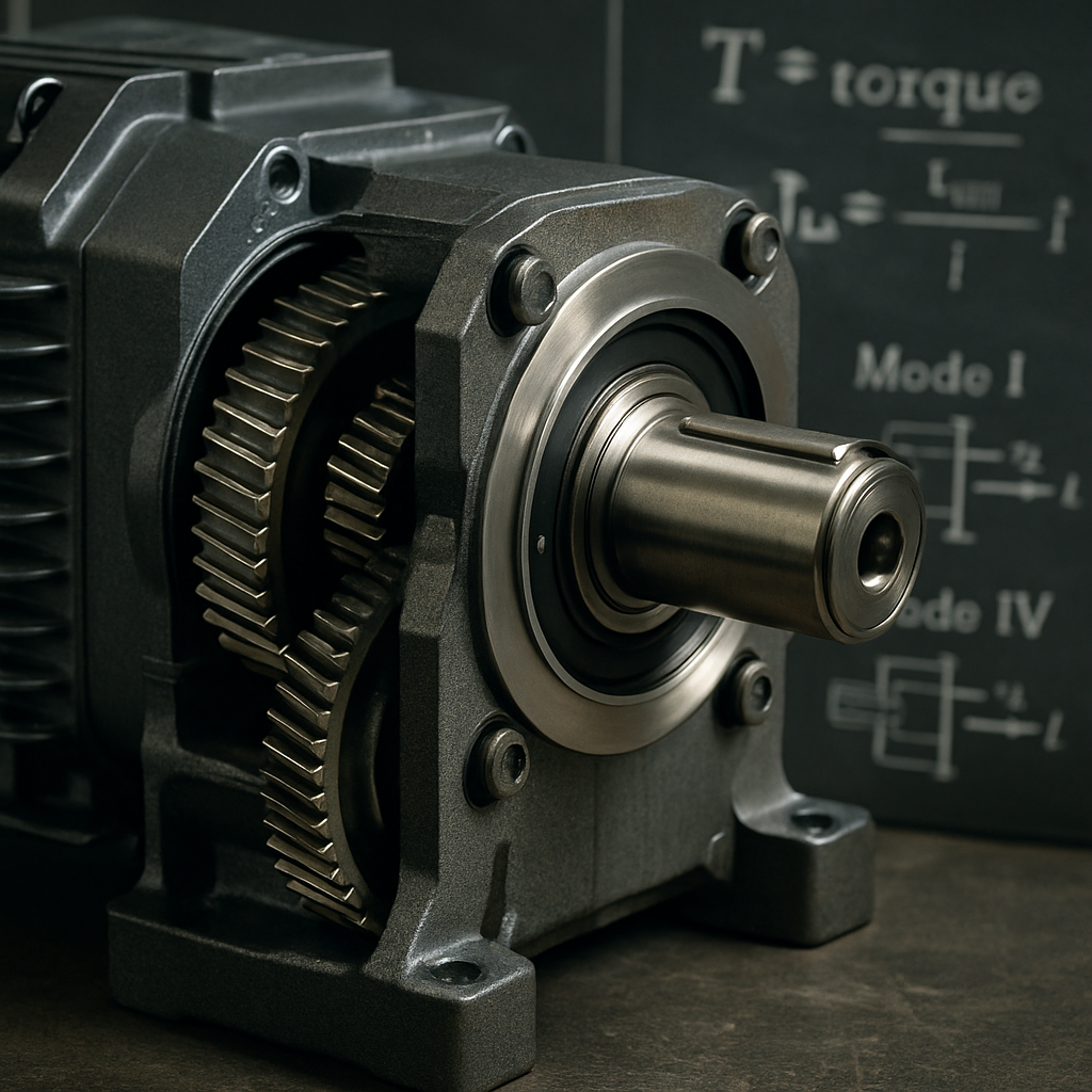 Close-up of a motor-reducer with technical schematics of torque and operational modes in the