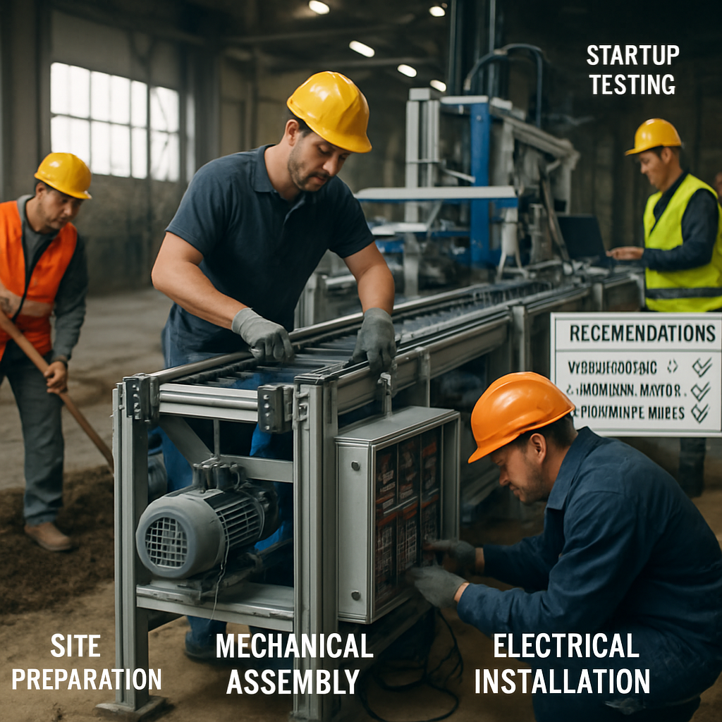 A focused image of workers assembling an automated production line, showcasing mechanical parts and