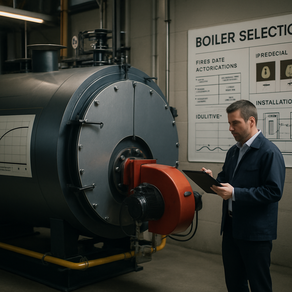 An industrial professional evaluates a modern boiler in a well-designed facility, surrounded by technical