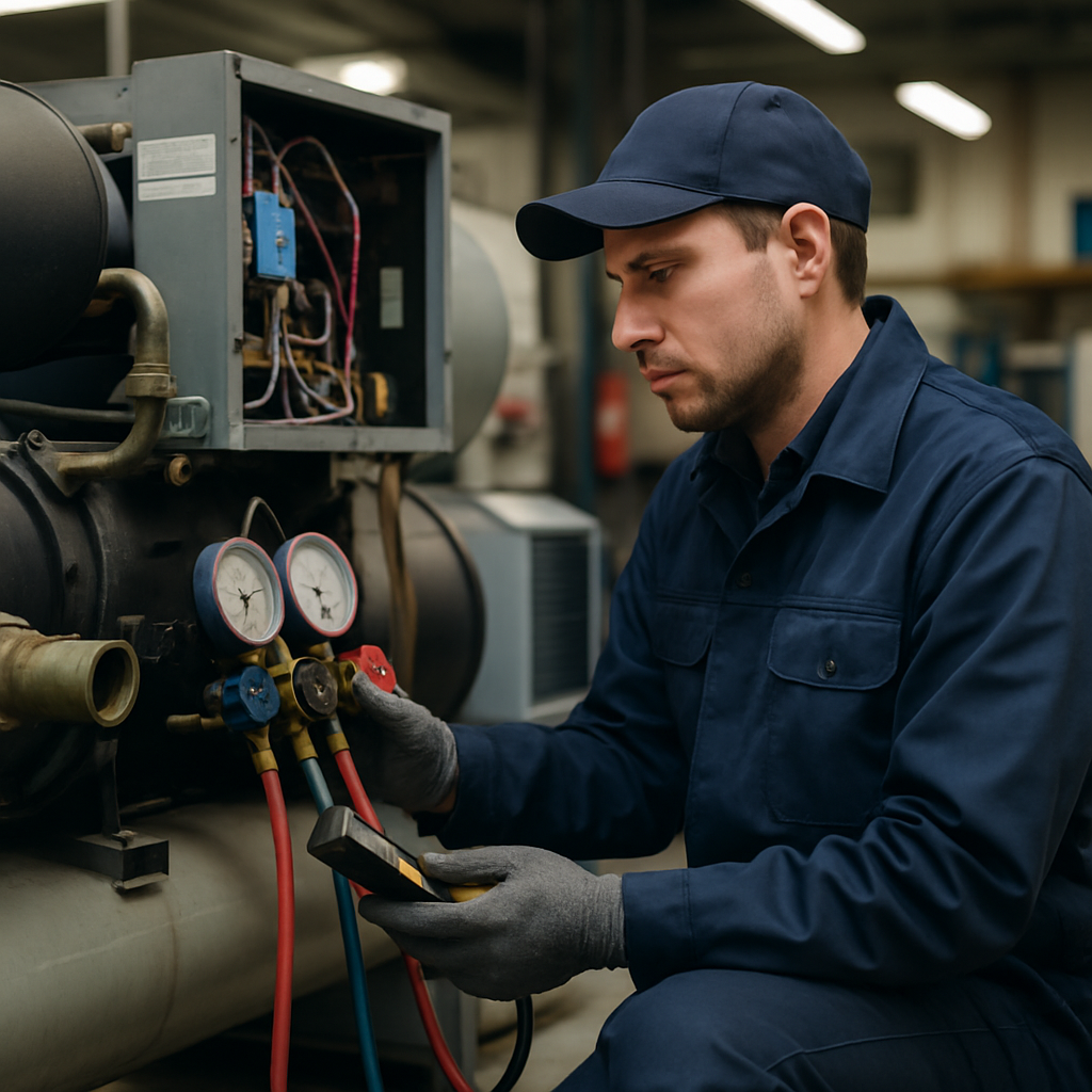 Technician performing maintenance on industrial chiller equipment in a clean and organized workshop.